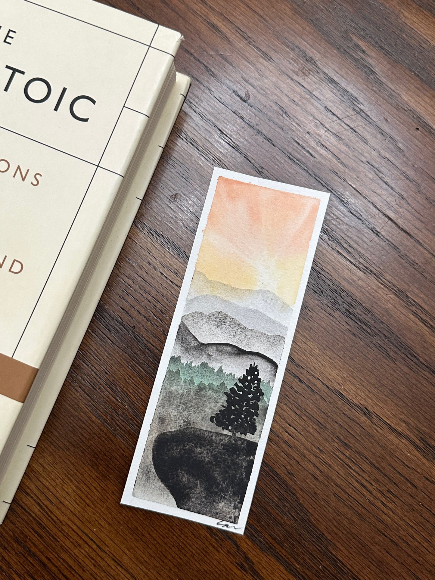 Original Watercolor Sunset Behind Mountains Bookmark