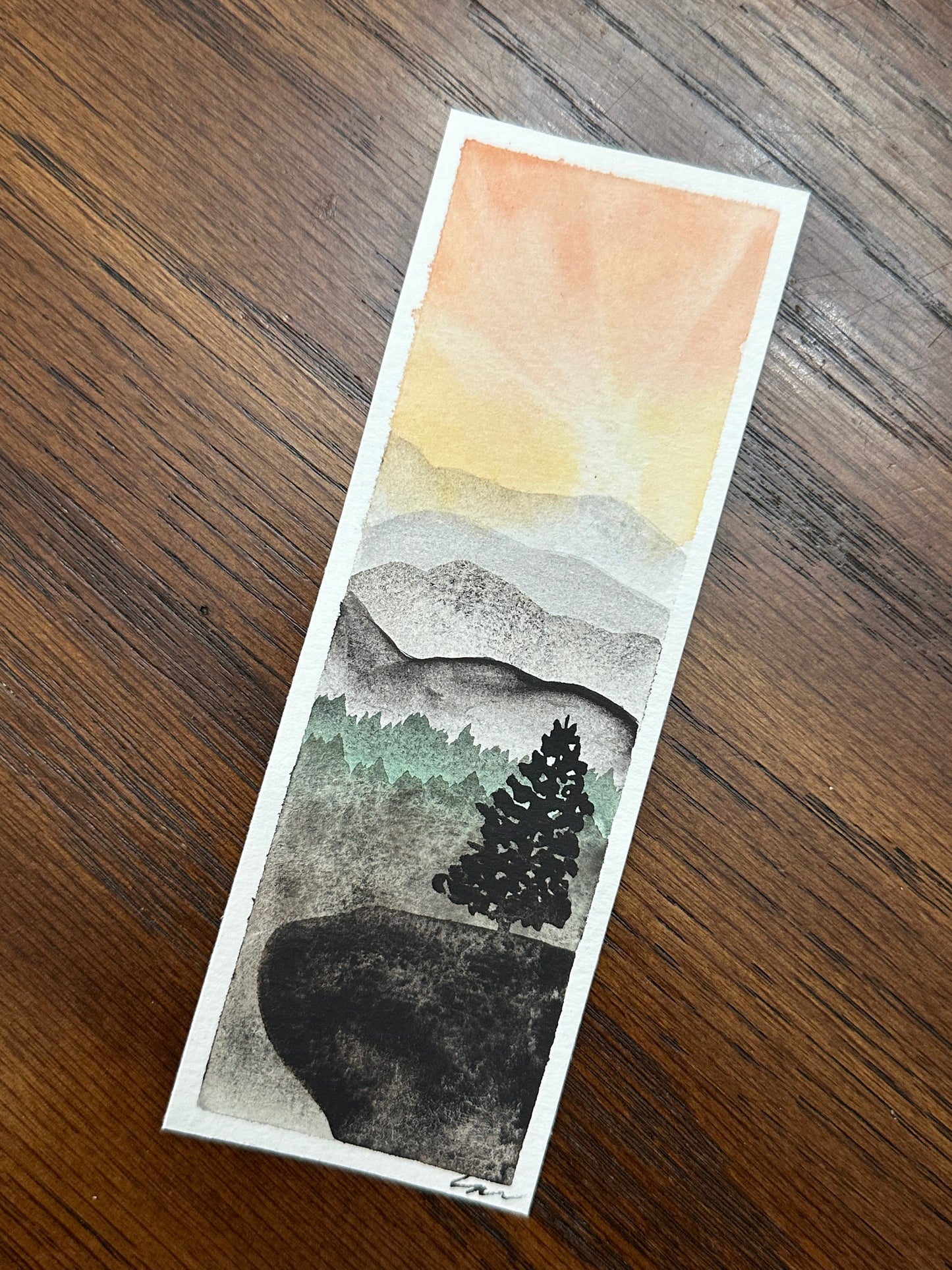 Original Watercolor Sunset Behind Mountains Bookmark